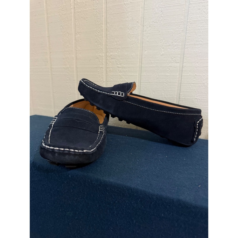 V.J. Navy Blue Suede Driving Loafers Contrast Stitch Penny Moccasins